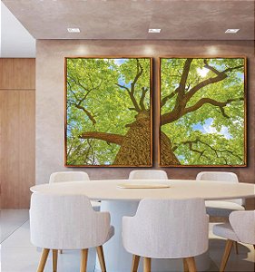 Duo de Quadros Árvore Luz Natural Folhas Verdes Canvas Moldura