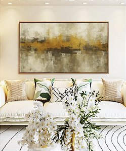 Quadro Horizontal Abstrato Amarelo Dourado Cinza Pedra Canvas Moldura