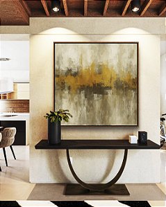 Quadro Quadrado Abstrato Amarelo Dourado Cinza Pedra Canvas Moldura
