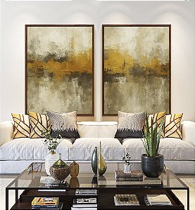 Duo de Quadros Abstrato Amarelo Dourado Cinza Pedra Canvas Moldura
