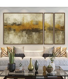 Trio de Quadros Estilizados Abstrato Amarelo Dourado Cinza Pedra Canvas Moldura