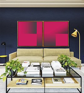 Duo de Quadros Quadrados Abstrato Geométrico Degradê Rosa Cinza Canvas Moldura