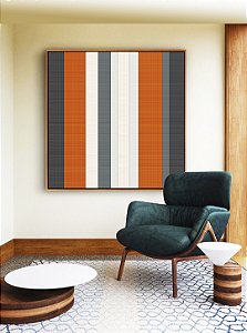 Quadro Quadrado Abstrato Listras Laranja Branco Cinza Canvas Moldura