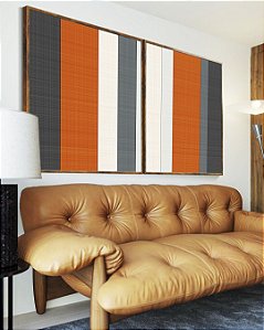 Duo de Quadros Abstrato Listras Laranja Branco Cinza Canvas Moldura