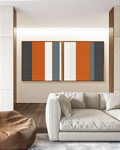 Duo de Quadros Quadrados Abstrato Listras Laranja Branco Cinza Canvas Moldura