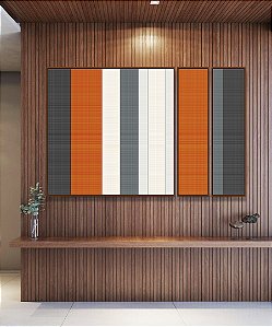 Trio de Quadros Estilizados Abstrato Listras Laranja Branco Cinza Canvas Moldura