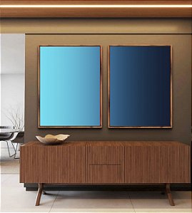 Duo de Quadros Abstrato Degradê Azul Celeste Marinho Canvas Moldura