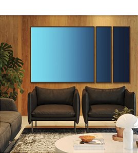 Trio de Quadros Estilizados Abstrato Degradê Azul Celeste Marinho Canvas Moldura