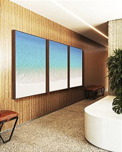 Trio de Quadros Praia Branca e Mar Azul Cristalino Canvas Moldura