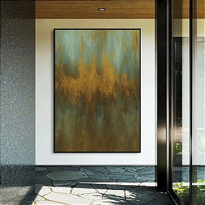 Quadro Vertical Abstrato Verde Marrom Dourado Canvas Moldura