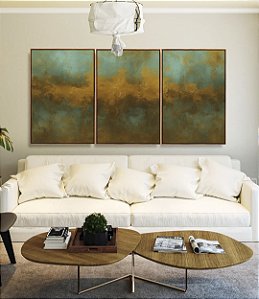 Trio de Quadros Abstrato Verde Marrom Dourado Canvas Moldura