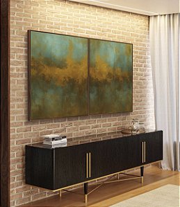 Duo de Quadros Abstrato Verde Marrom Dourado Canvas Moldura