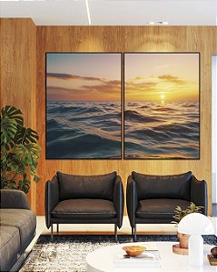 Duo de Quadros Pôr do Sol em Mar Azul Ondulado Natureza Canvas Moldura