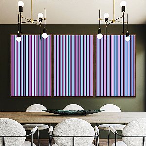 Trio de Quadros Abstrato Listras Degradê Azul Lilás Canvas Moldura