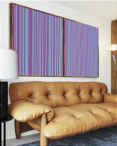 Duo de Quadros Abstrato Listras Degradê Azul Lilás Canvas Moldura