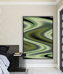 Quadro Vertical Abstrato Verde Arte Fluida Pouring Canvas Moldura