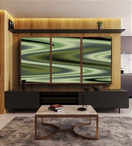 Trio de Quadros Abstrato Verde Arte Fluida Pouring Canvas Moldura