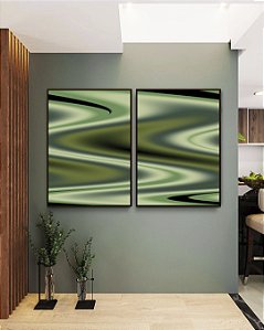 Duo de Quadros Abstrato Verde Arte Fluida Pouring Canvas Moldura