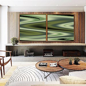 Duo de Quadros Quadrados Abstrato Verde Arte Fluida Pouring Canvas Moldura