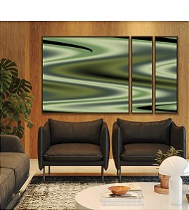 Trio de Quadros Estilizados Abstrato Verde Arte Fluida Pouring Canvas Moldura
