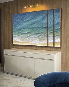Trio de Quadros Estilizados Mar Azul Calmo Litoral Praia Natureza Canvas Moldura