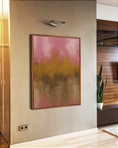Quadro Vertical Abstrato Rosa Dourado Marrom Canvas Moldura