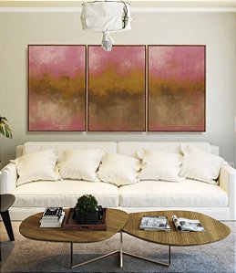 Trio de Quadros Abstrato Rosa Dourado Marrom Canvas Moldura