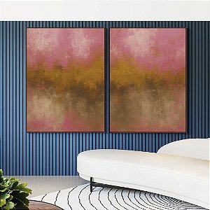 Duo de Quadros Abstrato Rosa Dourado Marrom Canvas Moldura