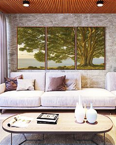 Trio de Quadros Paisagem Árvore Mar Natureza Canvas Moldura