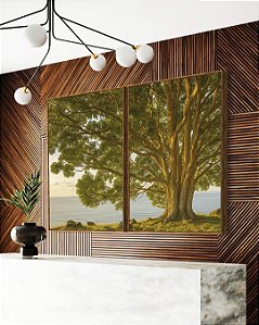 Duo de Quadros Paisagem Árvore Mar Natureza Canvas Moldura