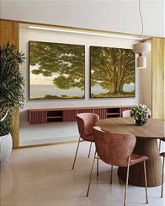 Duo de Quadros Quadrados Paisagem Árvore Mar Natureza Canvas Moldura