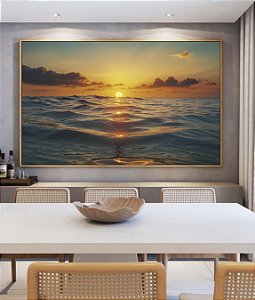 Quadro Horizontal Pôr do Sol Dourado Mar Azul Calmo Canvas Moldura