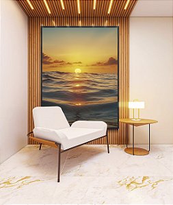 Quadro Vertical Pôr do Sol Dourado Mar Azul Calmo Canvas Moldura