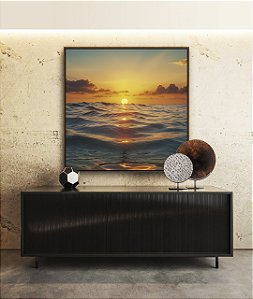 Quadro Quadrado Pôr do Sol Dourado Mar Azul Calmo Canvas Moldura