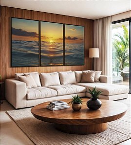 Trio de Quadros Pôr do Sol Dourado Mar Azul Calmo Canvas Moldura