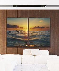Duo de Quadros Pôr do Sol Dourado Mar Azul Calmo Canvas Moldura