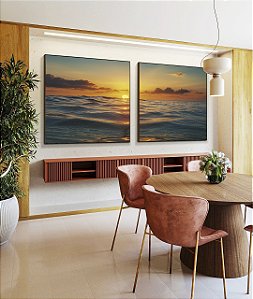 Duo de Quadros Quadrados Pôr do Sol Dourado Mar Azul Calmo Canvas Moldura