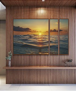 Trio de Quadros Estilizados Pôr do Sol Dourado Mar Azul Calmo Canvas Moldura