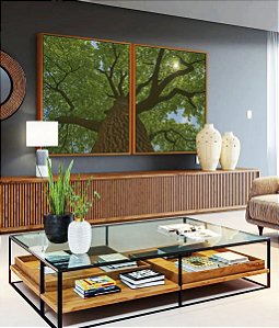 Duo de Quadros Árvore Folhas Verde Floresta Paisagem Canvas Moldura