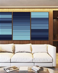 Trio de Quadros Abstrato Listras Azul Degradê Canvas Moldura