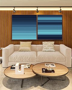 Duo de Quadros Quadrados Abstrato Listras Azul Degradê Canvas Moldura