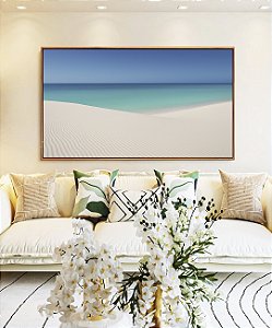 Quadro Horizontal Céu Azul Mar Calmo Praia Areia Branca Dunas Canvas Moldura