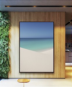 Quadro Vertical Céu Azul Mar Calmo Praia Areia Branca Dunas Canvas Moldura