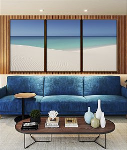 Trio de Quadros Céu Azul Mar Calmo Praia Areia Branca Dunas Canvas Moldura