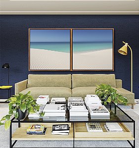 Duo de Quadros Quadrados Céu Azul Mar Calmo Praia Areia Branca Dunas Canvas Moldura