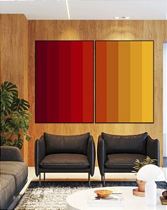Duo de Quadros Abstrato Degradê Vermelho Laranja Amarelo Canvas Moldura