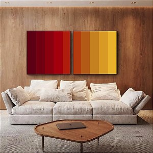 Duo de Quadros Quadrados Abstrato Degradê Vermelho Laranja Amarelo Canvas Moldura