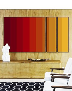 Trio de Quadros Estilizados Abstrato Degradê Vermelho Laranja Amarelo Canvas Moldura