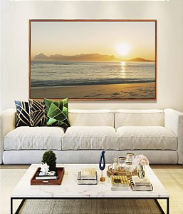 Quadro Horizontal Nascer do Sol Mar Azul Prateado Praia Canvas Moldura