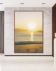 Quadro Vertical Nascer do Sol Mar Azul Prateado Praia Canvas Moldura